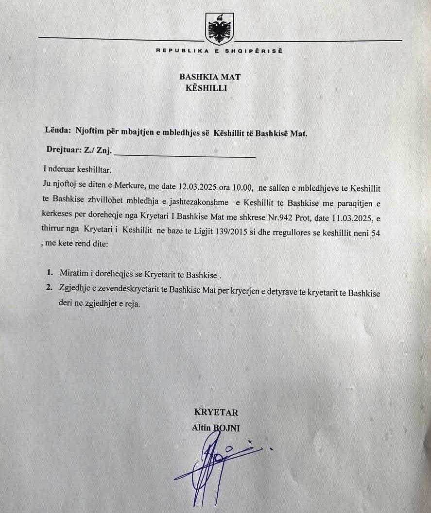 Kryebashkiaku i Matit i paraqet dorëheqjen Këshillit Bashkiak