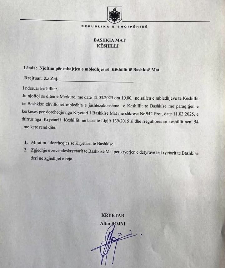Kryebashkiaku i Matit i paraqet dorëheqjen Këshillit Bashkiak