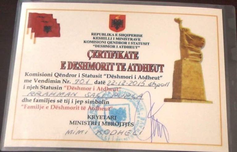 Rrahman Pupla shpallet dëshmor i Atdheut