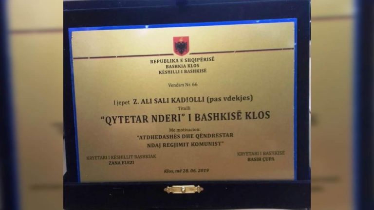 Ali Kadiu “Qytetar Nderi” (Pas vdekjes) i Bashkisë Klos